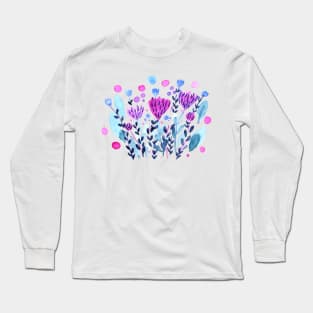 Watercolor whimsical flowers - purple and indigo Long Sleeve T-Shirt